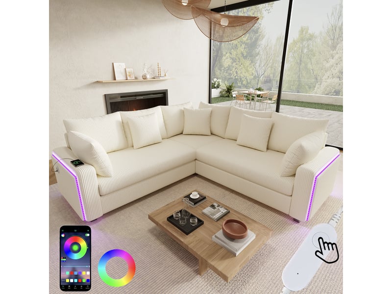 Canapé d'angle l avec éclairage led d'ambiance, port usb, en velours côtelé doux, coussins assortis inclus, design moderne, beige evarich - Conforama B