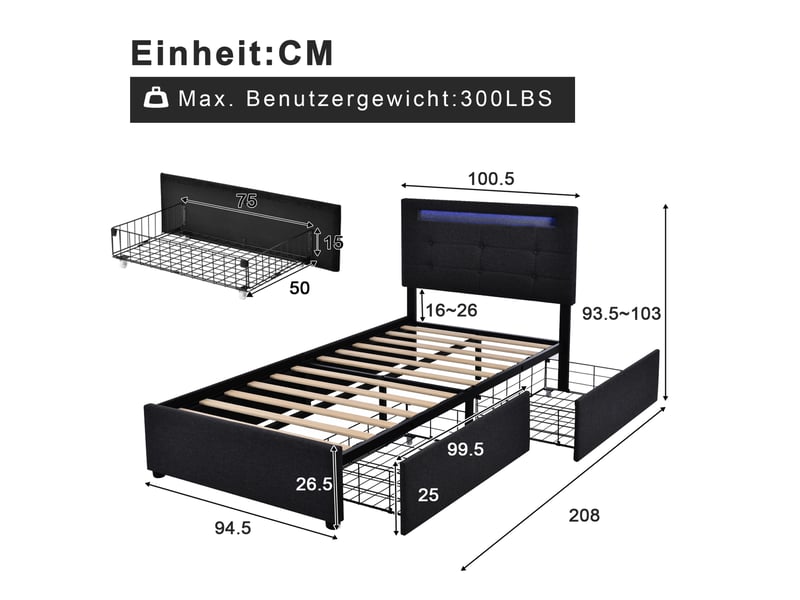  Modenvie lit simple avec tiroirs 90x200 cm - led, tete de lit reglable, sans matelas - noir  - Conforama C