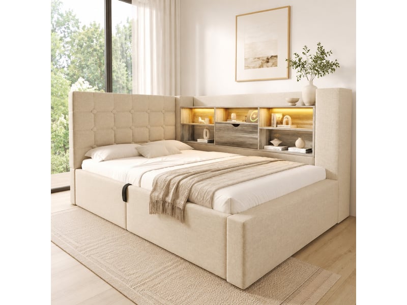  Lit simple 90x200 cm coffre hydraulique avec led en lin beige  - Conforama C