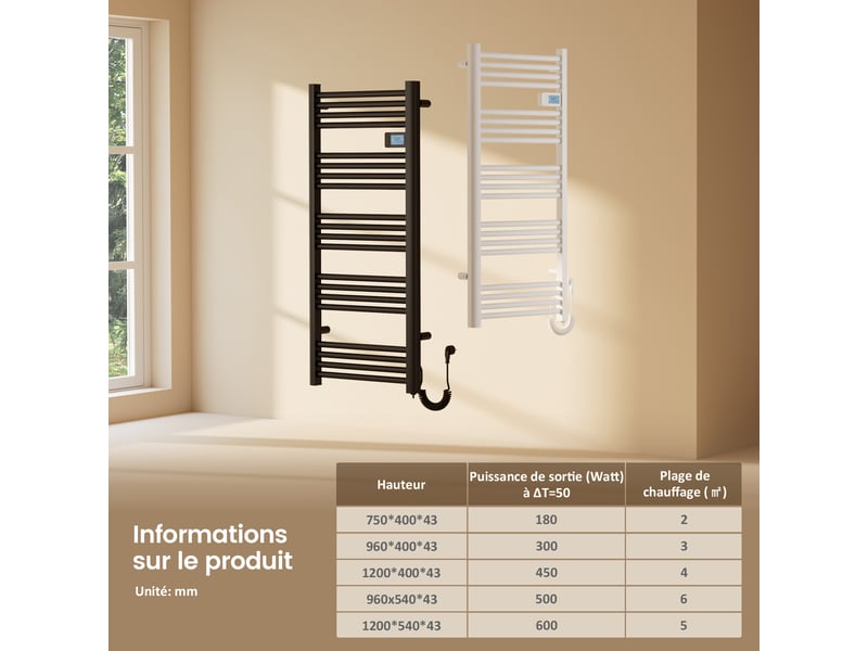  Emke sèche-serviettes électrique 1200 x 400 mm,porte-serviettes de salle de bain avec interrupteur tactile et minuterie,noir,450w  - Conforama E