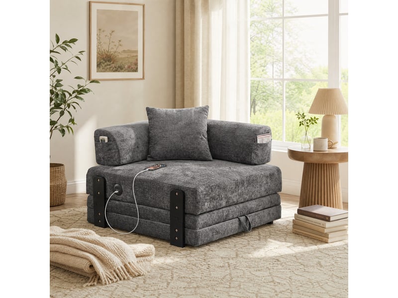  Canapé convertible pliant 1 place gris foncé en tissu avec ports usb et type-c et rangement  - Conforama D