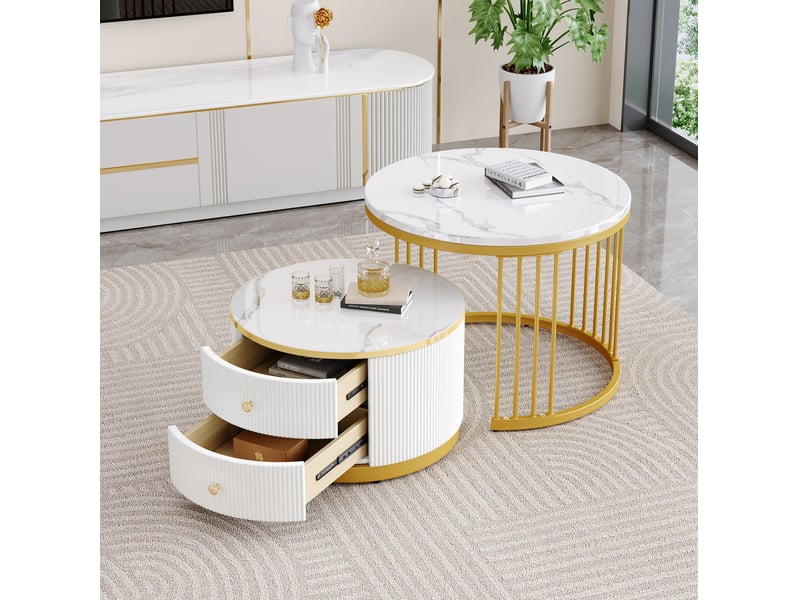  Lot de 2 tables basses gigognes blanches effet marbre brillant avec 2 tiroirs  - Conforama D