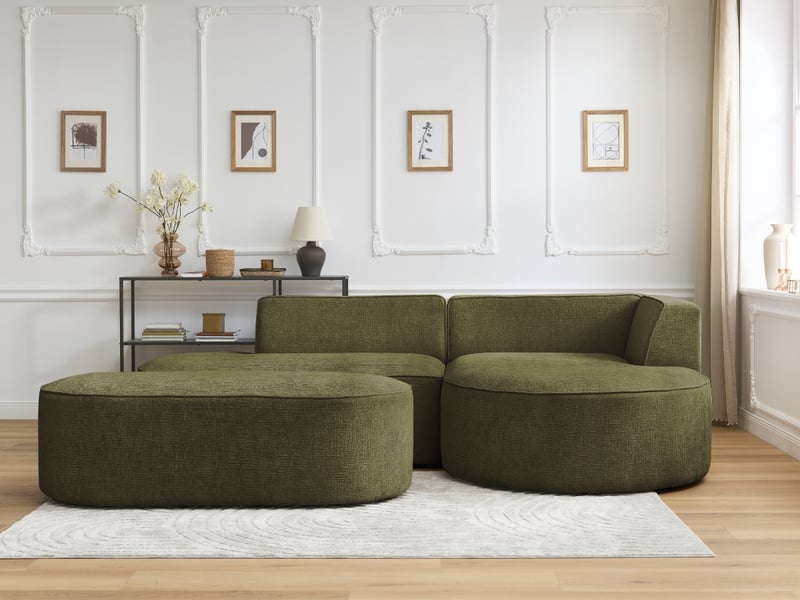 Bobochic canapé d'angle fixe rousseau tissu texturé avec pouf vert  angle droit ROUSSEAU - Conforama D