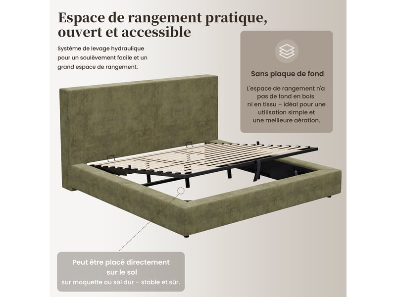 Lit coffre double capitonné 160 x 200 cm – tête de lit capitonnée – sommier à lattes – vert (matelas non inclus) - Conforama R