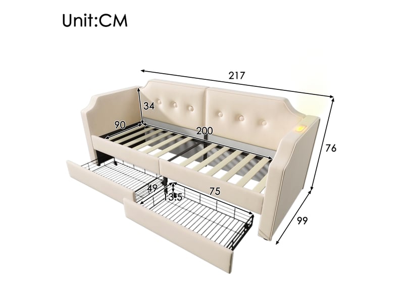  Canapé lit 90x200cm, lit adulte, lit 1 place avec tête de lit, 2 tiroirs de rangement et sommier, charge, velours beige, sans matelas  - Conforama D