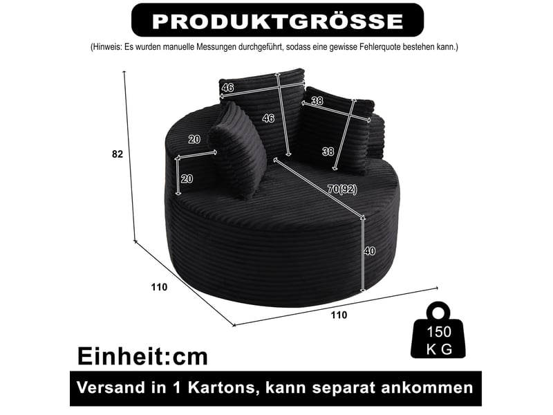  Fauteuil rond 1 place ø 110 cm en velours côtelé avec 3 coussins noir chicfurn  - Conforama D