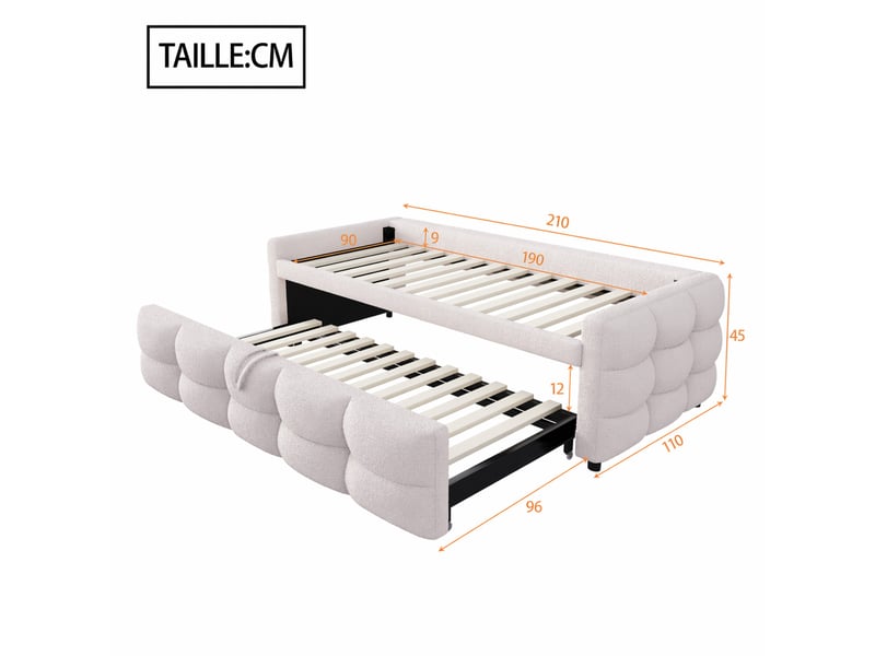  Lit gigogne 1 ou 2 places en tissu teddy beige, couchage extensible 90x190 et 180x190 cm, sans matelas  - Conforama D