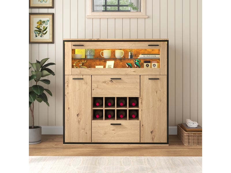 Buffet élégant avec portes doubles, étagères en verre et casier à vin - rangement parfait, bois - Conforama C