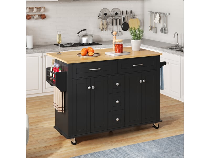  Îlot de cuisine mobile avec plateau extensible, 5 tiroirs, rangement, porte-épices et roulettes 120 cm  - Conforama B