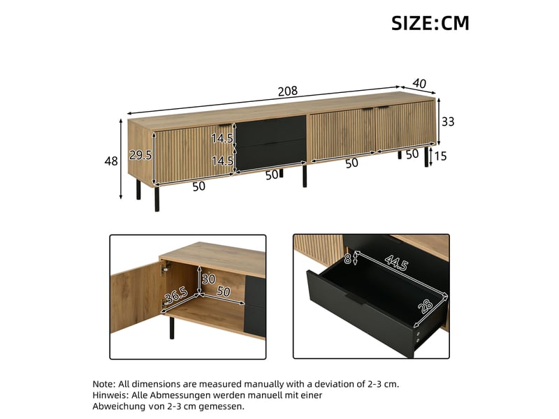  Meuble tv 208x40x48 cm - meuble bas avec 3 tiroirs, gestion des câbles, pour tv jusqu’à 85 pouces, panneau de particules - noir et naturel  - Conforama C