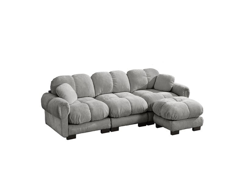  Canapé modulable 3 places 260 cm canapé droit en tissu chenille avec 1 pouf mobile, design matelassé, coussins épais, dossier ergonomique, gris clair Seren Glow - Conforama A