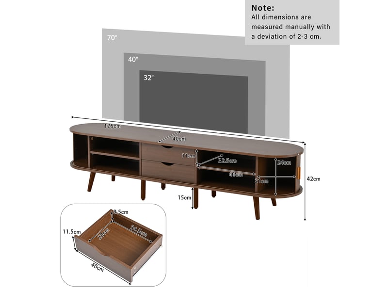  Meuble tv en noyer pour tv 75 pouces avec 2 tiroirs de rangement, 170x40x42cm, mdf, noyer  - Conforama C