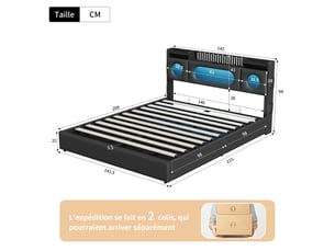 Lit coffre hydraulique 140 x 200 cm-noir - lit double rembourré en pu avec tête de lit de rangement, led rvb et ports usb