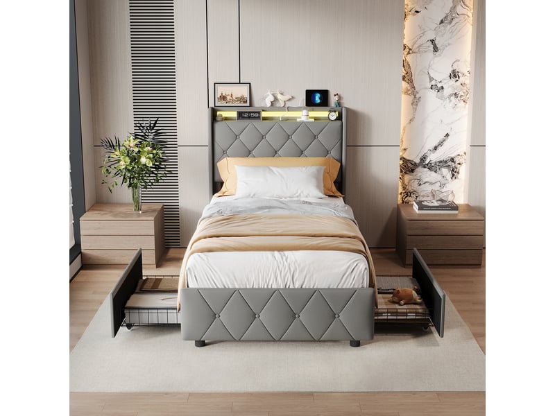  Lit simple rembourré 90x200 cm ,lit adulte avec led et 2 tiroirs ,ports usb ,tête de lit avec rangement ,velours ,gris  - Conforama D