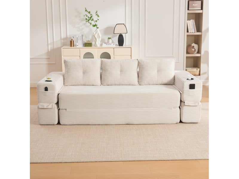  Canapé convertible 3 places modulaire avec poches latérales, porte-gobelet et coussins à mémoire en velours côtelé beige  - Conforama E