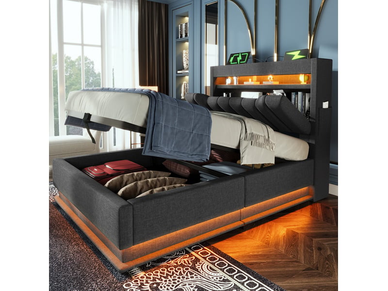  Lit simple 90 x 200 cm gris en lin avec rangement hydraulique, led et ports usbtype-c  - Conforama B