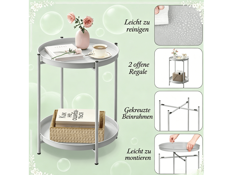  Table d’appoint ronde en métal – 2 plateaux amovibles – gris clair – 44 x 44 x 53 cm  - Conforama E