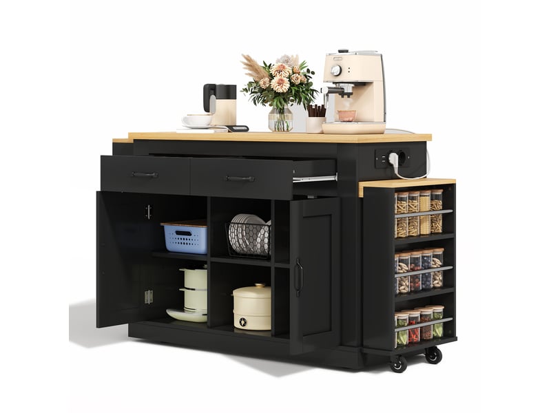  Desserte de cuisine avec 2 rallonges, prises 230 v et rangements réglables, îlot mobile pour cuisine et salle à manger, noir  - Conforama A