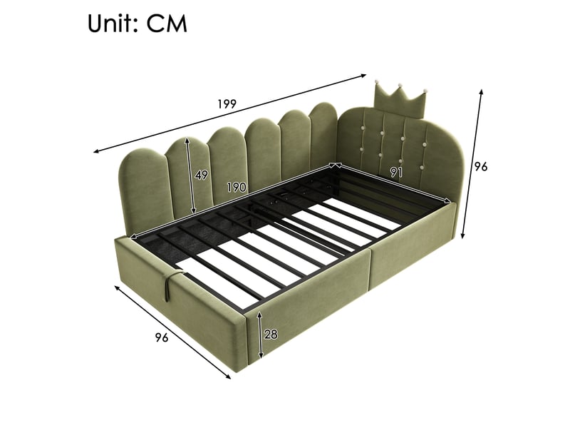  Canapé-lit rembourré 90 x 190 cm, avec espace de rangement, en l, orné d'un motif en treillis en forme de couronne, en velours,  vert  - Conforama C