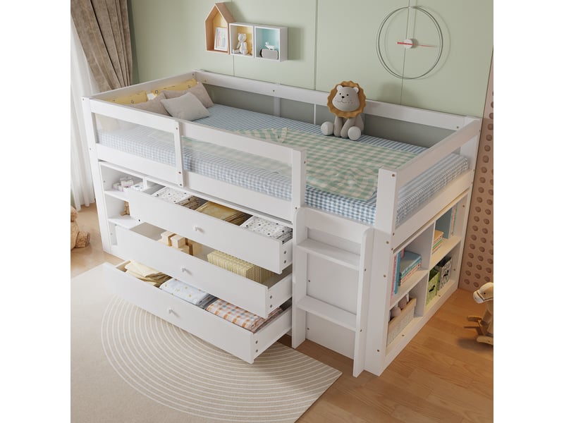  Lit mezzanine enfant 90x200 cm - avec échelle - avec 3 tiroirs et des compartiments de rangement ouverts - bois massif + mdf - blanc (sans matelas)  - Conforama B