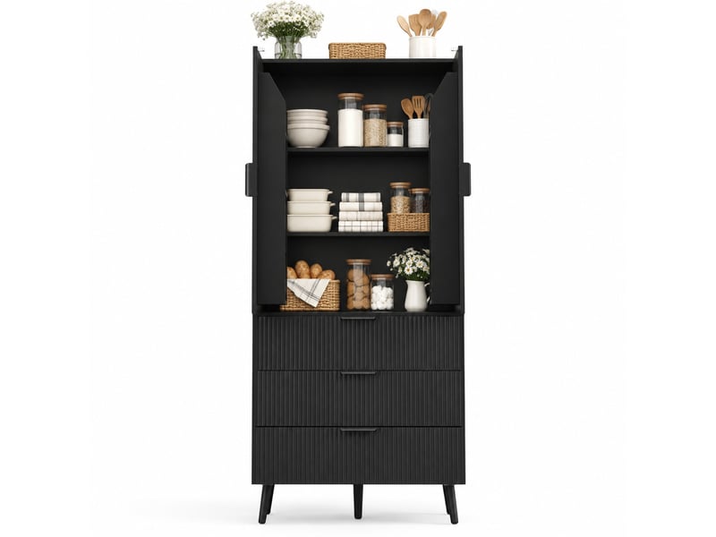  Armoire de cuisine 75x35x180 cm noire avec 2 portes et 3 tiroirs  - Conforama A
