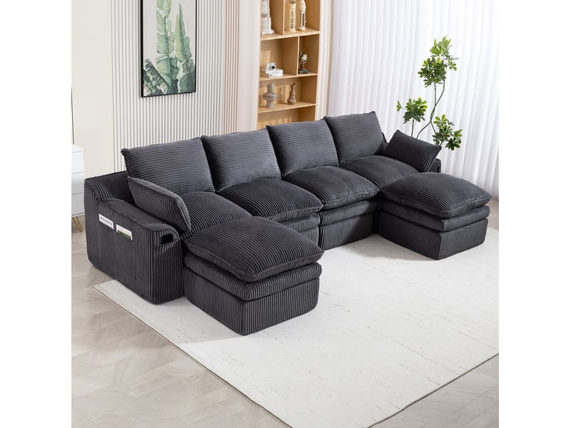  Canapé d’angle modulaire 4 places en velours côtelé gris foncé avec 2 poufs  - Conforama D