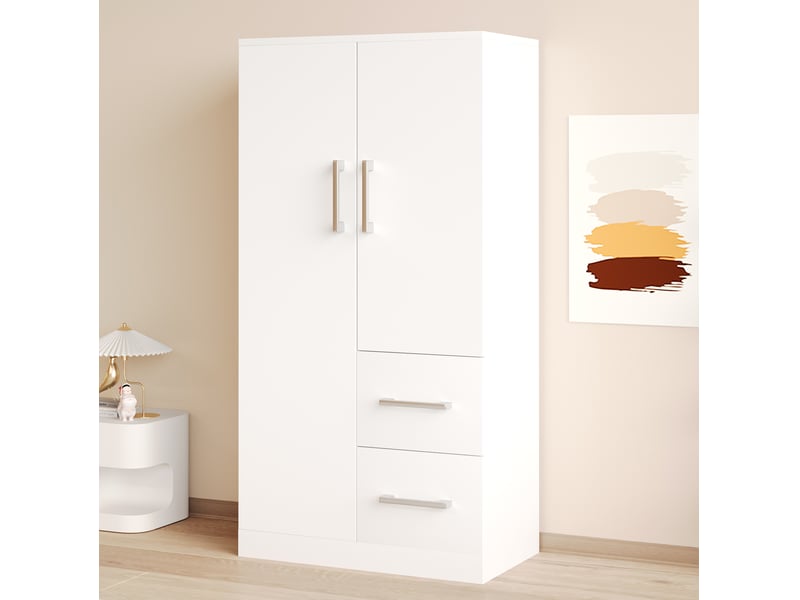  Armoire enfant 2 portes avec 2 tiroirs et rangement 70 x 40 x 135 cm blanche  - Conforama D