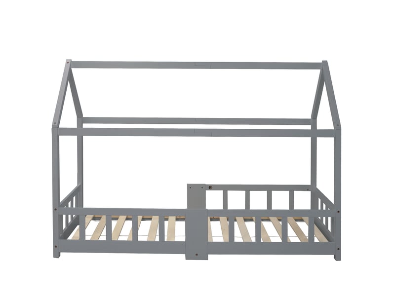 Lit cabane enfant en pin gris, 90 × 200 cm, avec tableau, sommier à lattes et barrière de sécurité - Conforama A