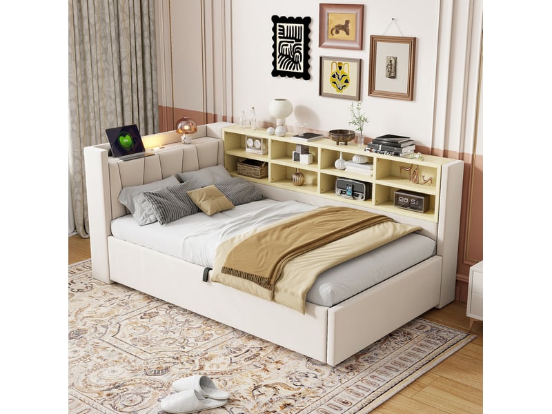  Lit coffre 90x200 cm avec éclairage nocturne et ports de charge, tête de lit multifonctionnelle, métal beige sans matelas  - Conforama D