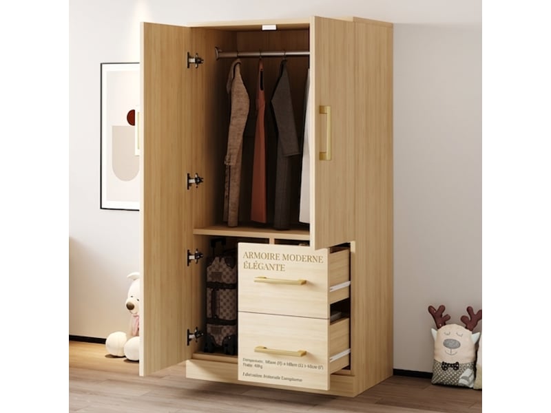  Armoire enfant 2 portes en bois naturel avec tiroirs, 70x40x135 cm, meuble de rangement chambre  - Conforama E