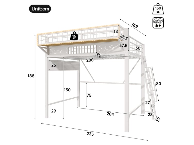 Lit mezzanine 140 × 200 cm 2 places avec rangements et espace ouvert, sans matelas, en métal, blanc  - Conforama D