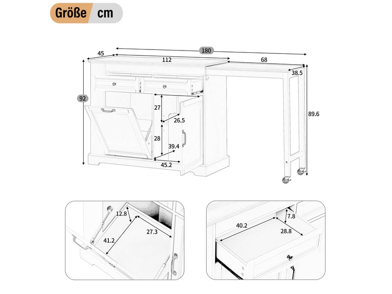  Desserte de cuisine mobile avec plateau extensible, 2 portes, 2 tiroirs et compartiment poubelle, noir et bois naturel  - Conforama C