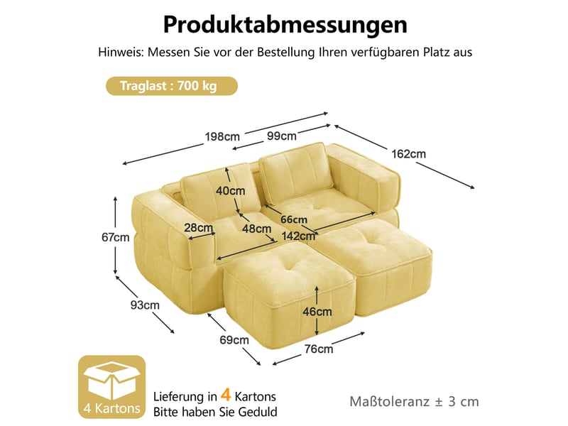  Canapé modulable 2 places avec 2 poufs en polyester jaune  - Conforama C