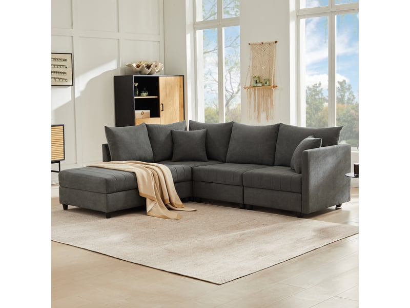  Canapé d’angle modulable 5 places 220x194x85 cm avec pouf mobile, configuration en l ou u, ressorts ensachés, mousse haute résilience, coton-lin,gris  - Conforama D