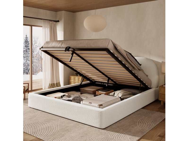  Lit coffre double 180x200 cm, ouverture hydraulique, sommier à lattes, avec matelas, tissu bouclé beige  - Conforama B