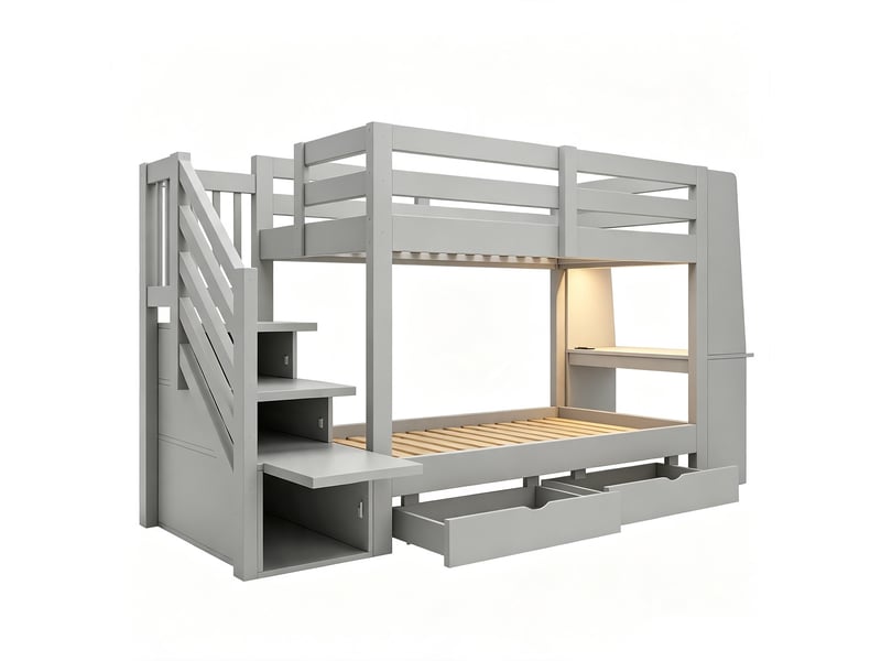 Lit superposé enfant 90 × 200 cm avec bureau, étagères, éclairage led, prise et tiroirs, sans matelas, gris - Conforama E