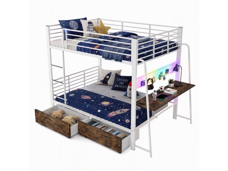 Lit superposé 140x200 cm, bureau, 2 tiroirs, led synchronisée à la musique, usb et type-c, métal et mdf, blanc + noyer Radiant Stride - Conforama A