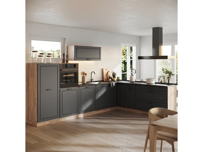 Vicco cuisine en angle, anthracite campagnechêne doré, 327 x cm plan de travail chêne doré - Conforama C
