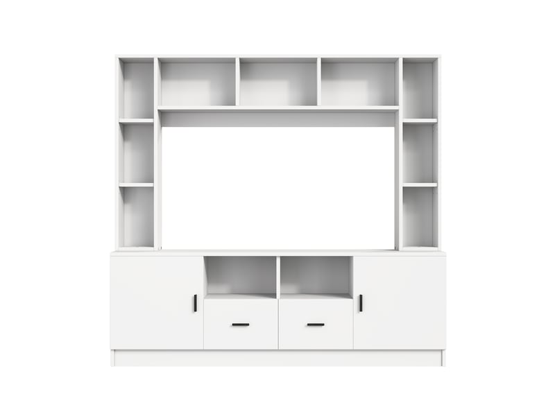  Meuble tv avec 2 portes, 2 tiroirs et 11 niches pour salon 180×35×170 cm en panneaux de particules blanc  - Conforama C