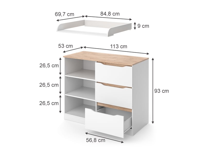  Vicco commode à langer, blancchêne artisan, 113x93cm avec 3 tiroirs  - Conforama B