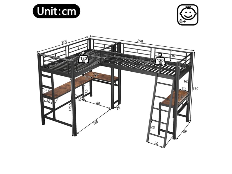  Lit mezzanine 90 × 200 cm avec bureau, double échelle et garde-corps haut, sans matelas, noir  - Conforama E