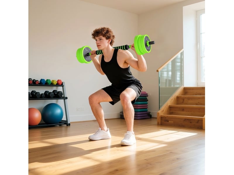 Set d'haltères réglables 4 en 1 20 kg 95x20x20 cm – vert – barre, kettlebell et poignées de pompes - Conforama B