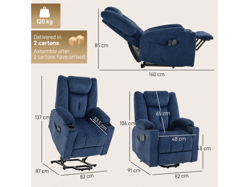  Fauteuil releveur électrique massage vibration et chaleur, dossier inclinable bleu, fauteuil relax électrique en velours  - Conforama C