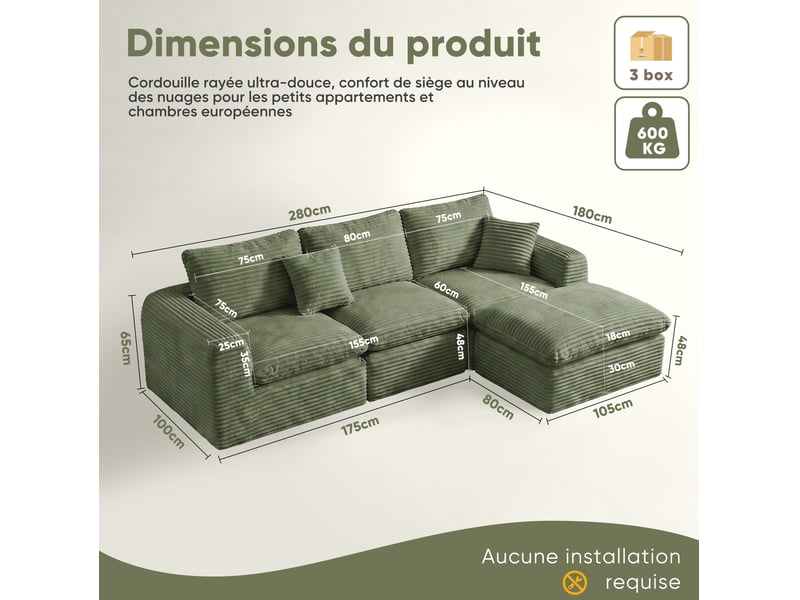 Canapé d'angle modulaire 3 places convertible en couchage avec 3 modules en velours côtelé vert, 280 × 180 × 65 cm  - Conforama C