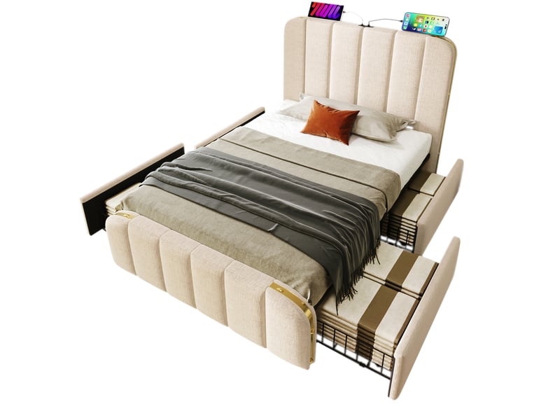  Lit simple 90x200 capitonné beige avec 4 tiroirs et port usb-c  - Conforama A