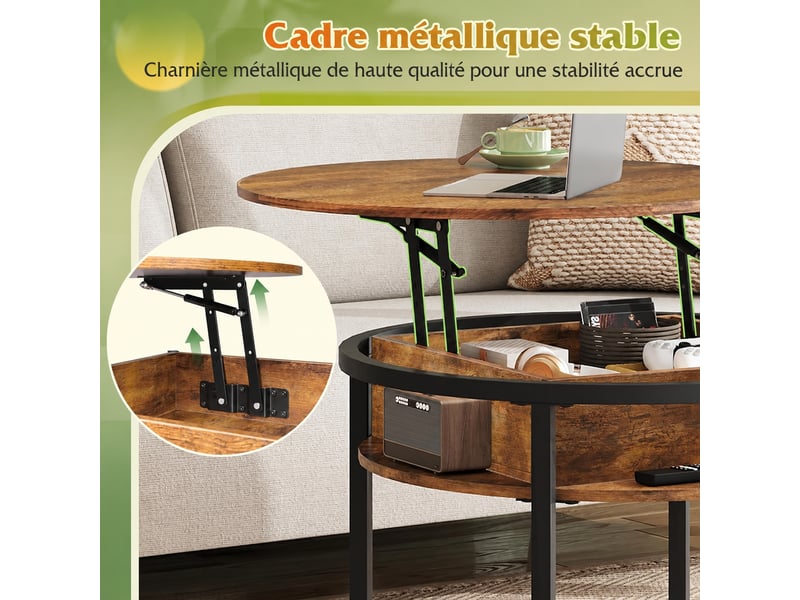  Table basse ronde à plateau relevable avec rangement, marron rustique, diamètre 60, hauteur 48 à 61  - Conforama E