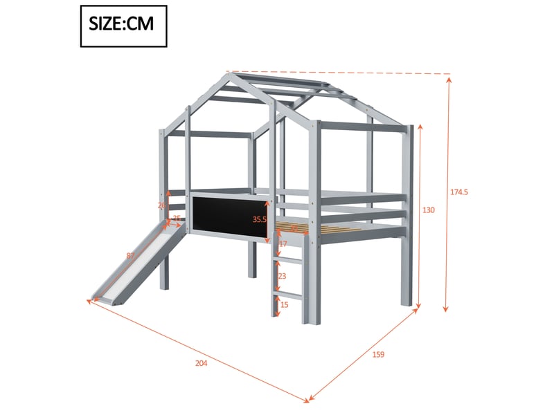  Lit mezzanine enfant 90 x 200 cm avec toboggan, échelle, tableau et barrières gris  - Conforama C