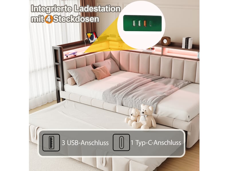 Lit gigogne 90x200 cm en velours beige avec led réglable, usb, type-c et rangements, canapé-lit, sans matelas - Conforama C