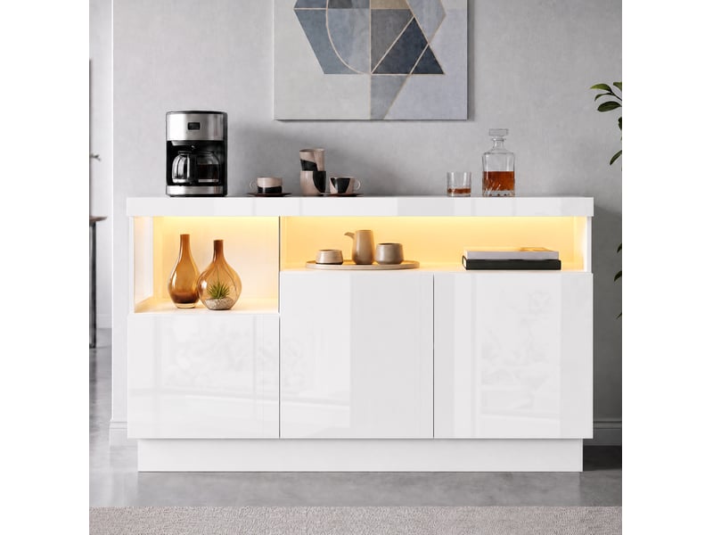  Buffet 140x36x80 cm avec éclairage led contrôlé par application, panneau de particules blanc  - Conforama D