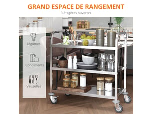 Desserte de cuisine à roulettes à 3 étagères, chariot de rangement en acier inox., chariot de cuisine et salle à manger, argenté, 90,5 x 50,5 x 88,2 cm